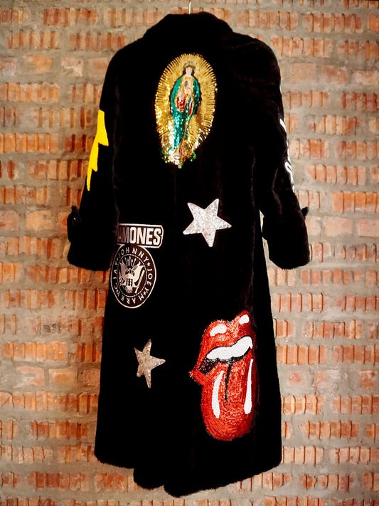 Upcycled Faux Fur Patched Coat - Black