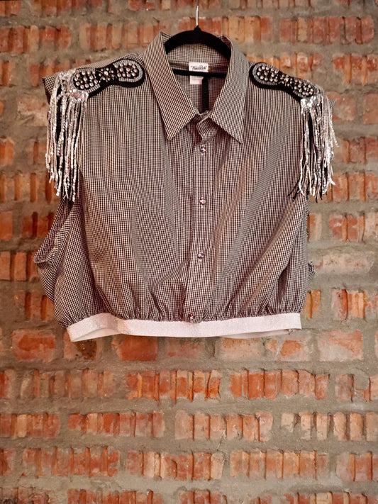 Upcycled Shoulder Tassel Crop Shirt Black White Silver