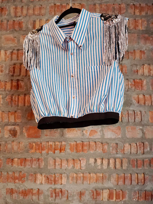 Upcycled Shoulder Tassel Crop Shirt Blue White