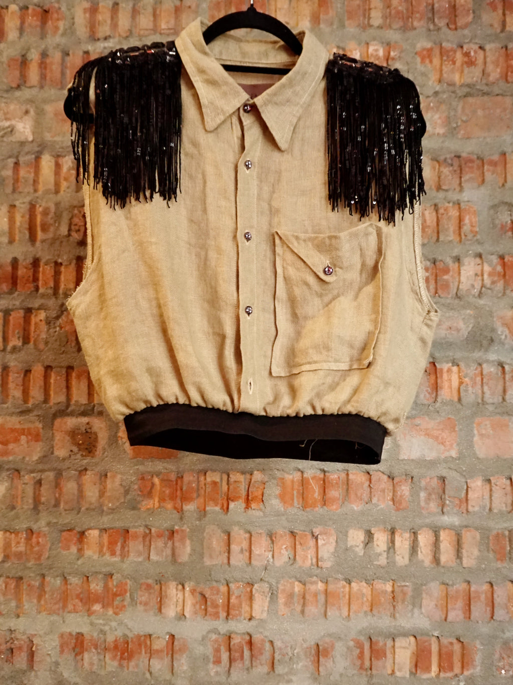 Upcycled Shoulder Tassel Crop Shirt Sand Black
