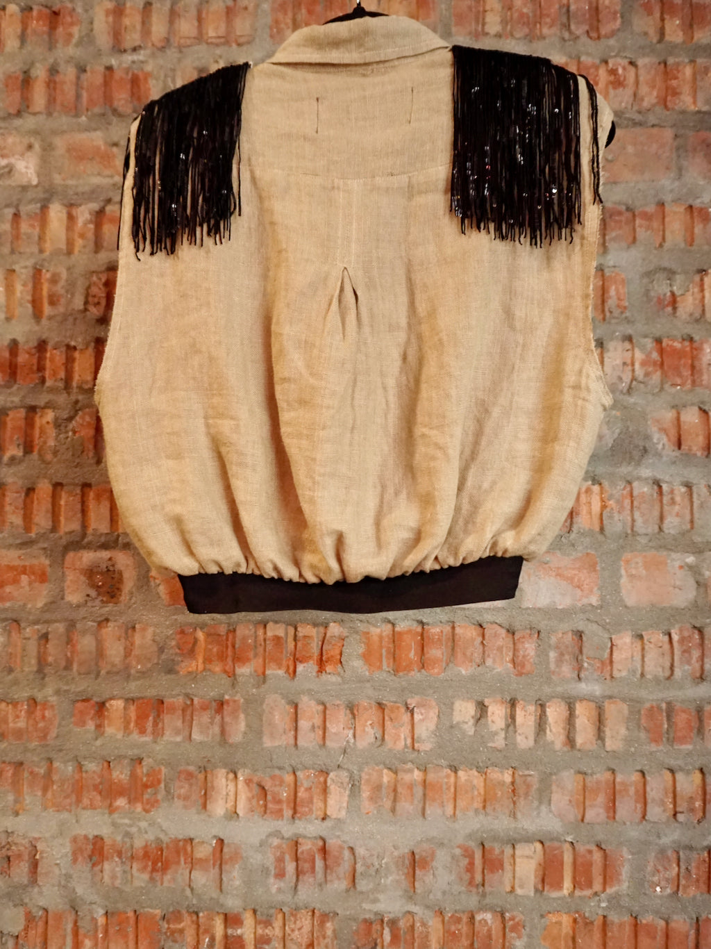 Upcycled Shoulder Tassel Crop Shirt Sand Black