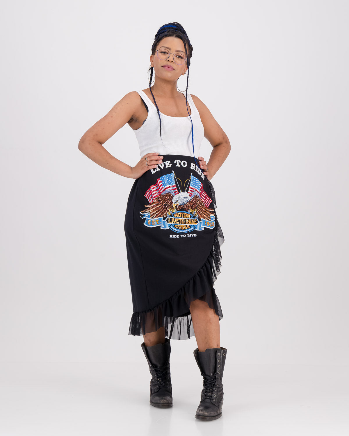 Upcycled Biker T-Shirt Wrapping Skirt Eagle