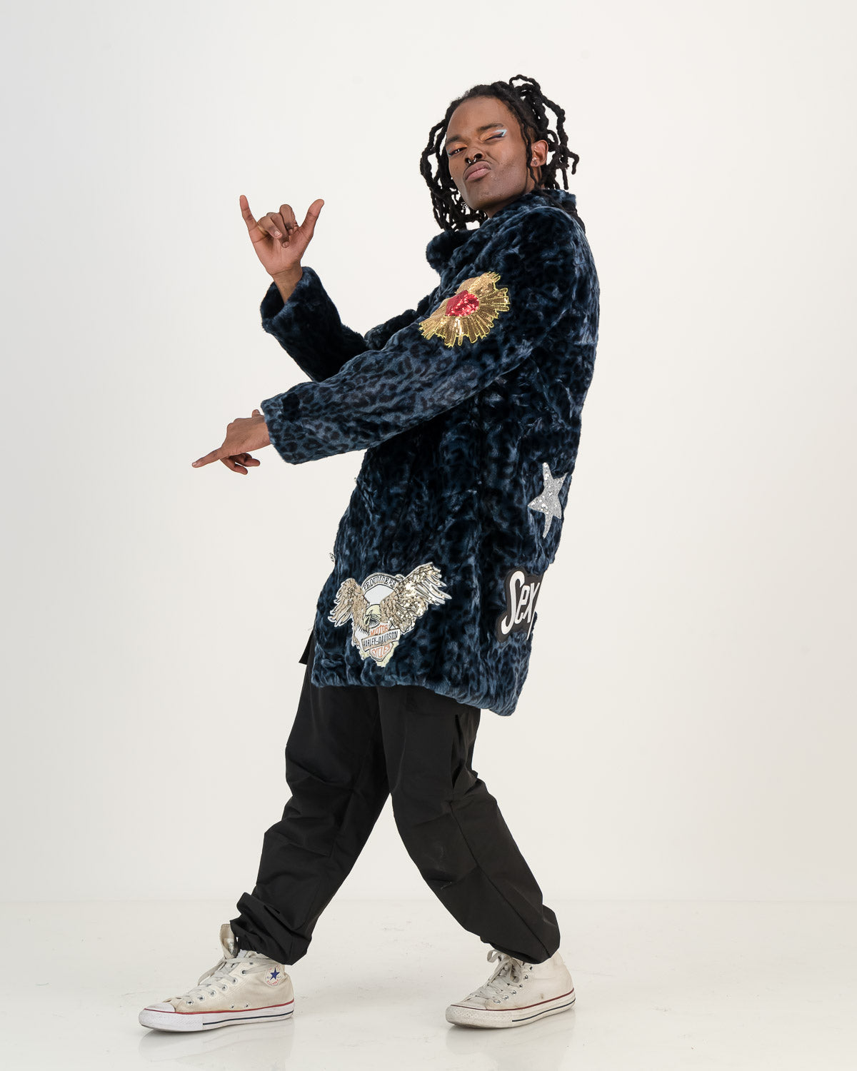 Upcycled Patched Faux Fur Coat - Blue Leopard