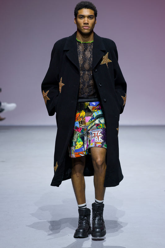 Scraps of Punk - Shorts, Sequins Lace Top and Black Star Coat
