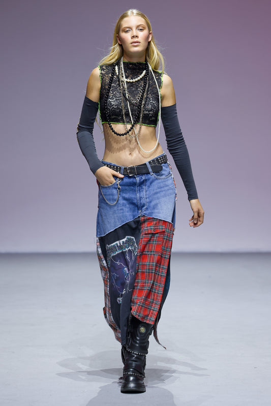 Denim T-Shirt Tartan Skirt with Slit
