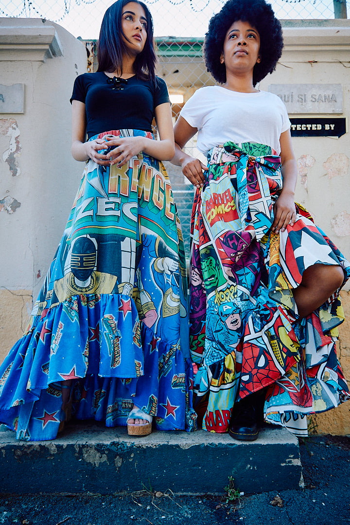 Upcycled Vintage 1997 Power Rangers Maxi Skirt S M FRED RICH upcycled designs handmade in Cape Town