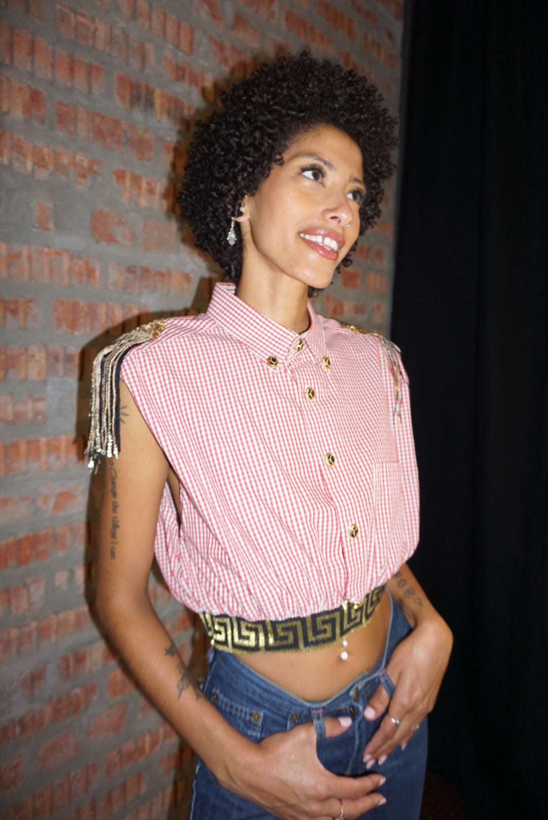 Upcycled Shoulder Tassel Crop Shirt Red White Gold