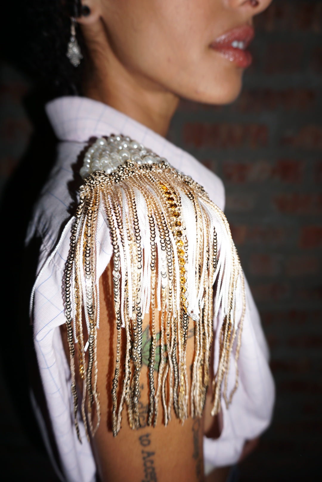 Upcycled Shoulder Tassel Crop Shirt Blue White