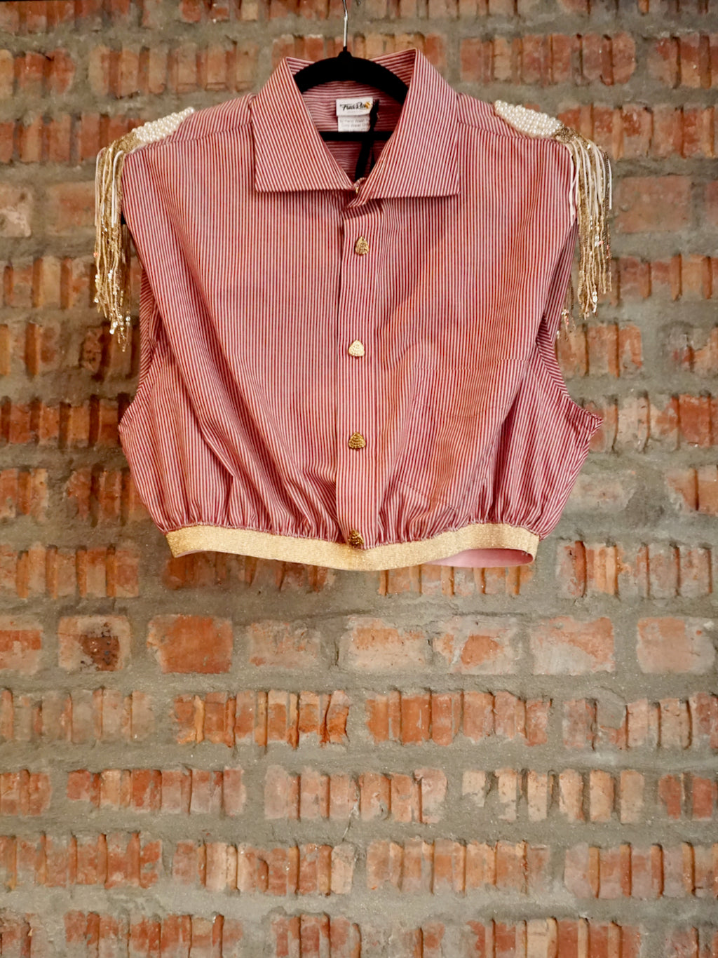 Upcycled Shoulder Tassel Crop Shirt Red White Gold