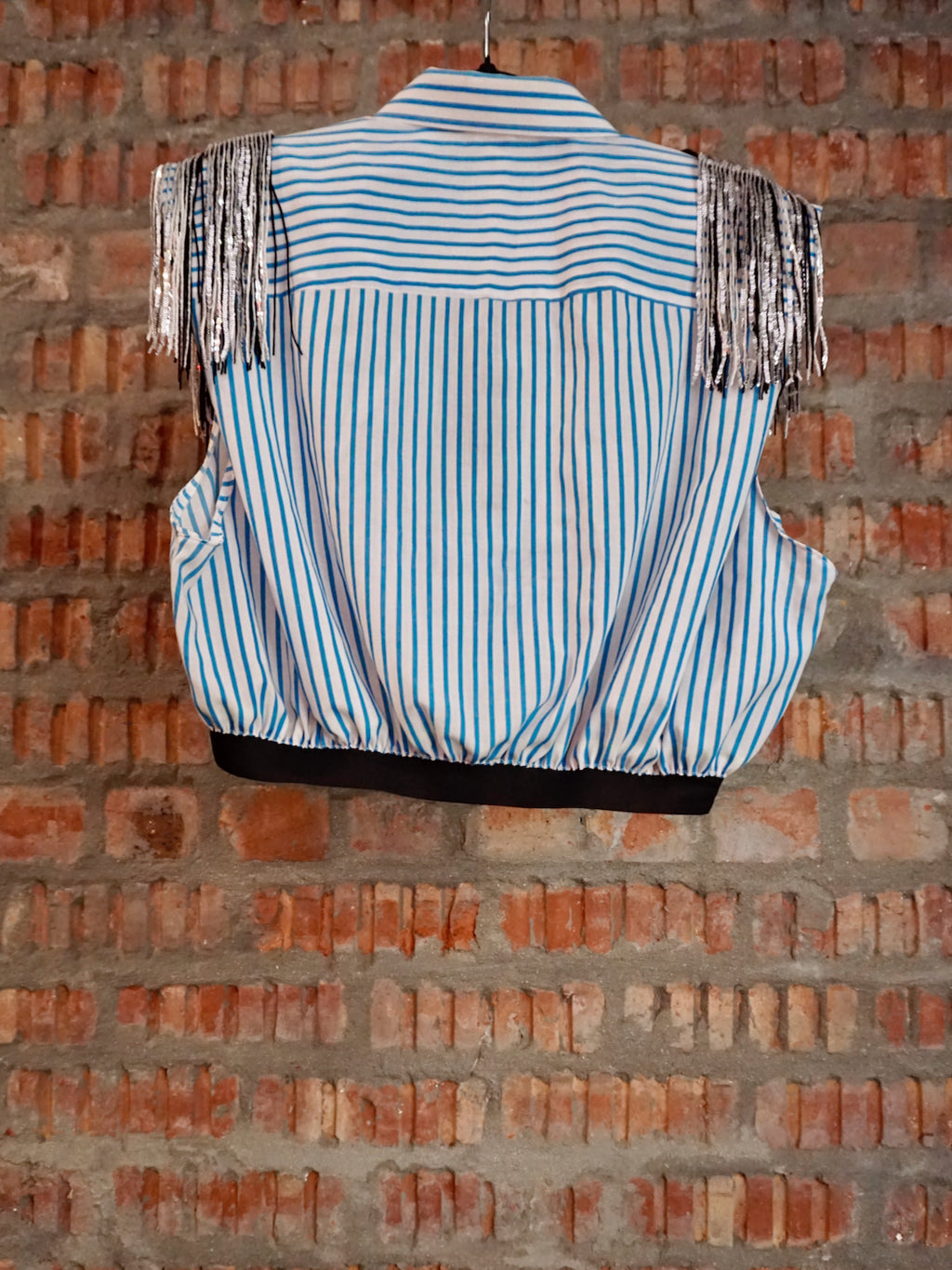 Upcycled Shoulder Tassel Crop Shirt Blue White