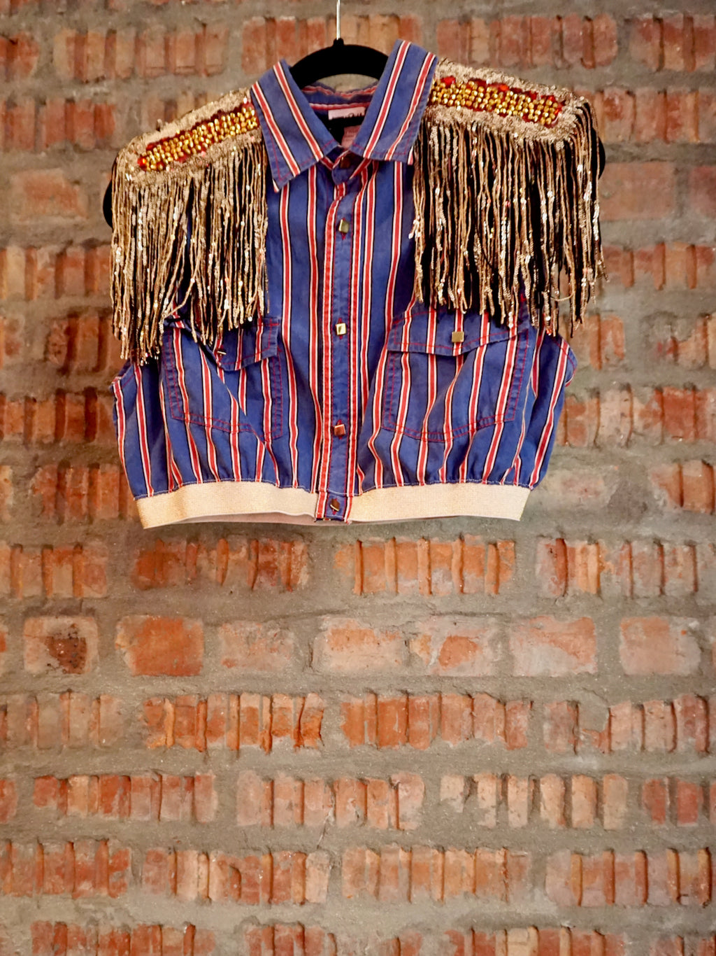 Upcycled Shoulder Tassel Crop Shirt Blue Red Gold