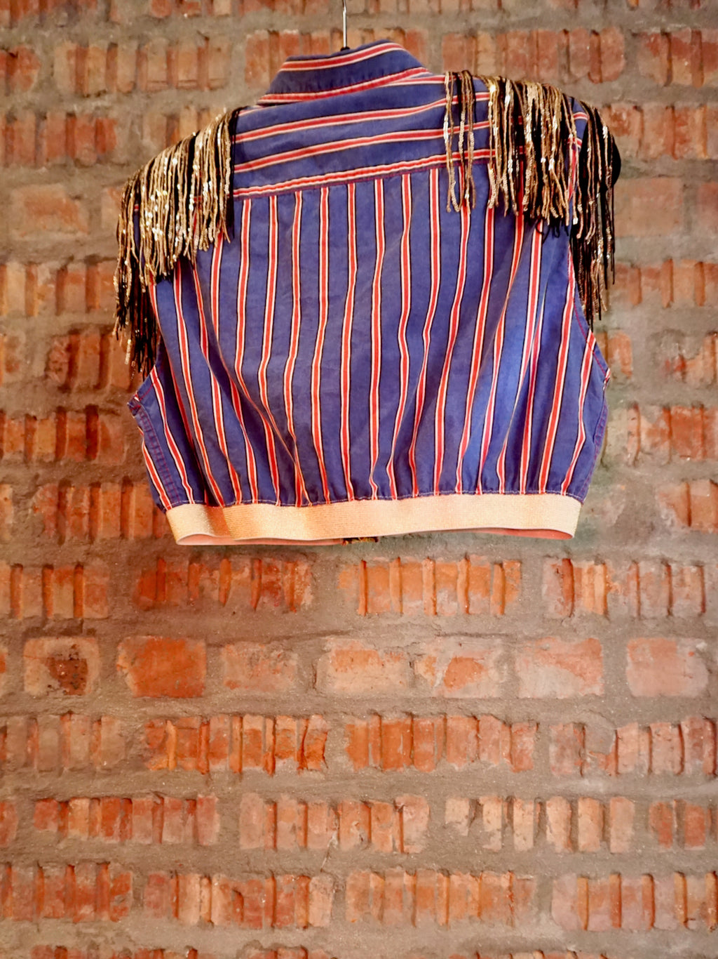 Upcycled Shoulder Tassel Crop Shirt Blue Red Gold