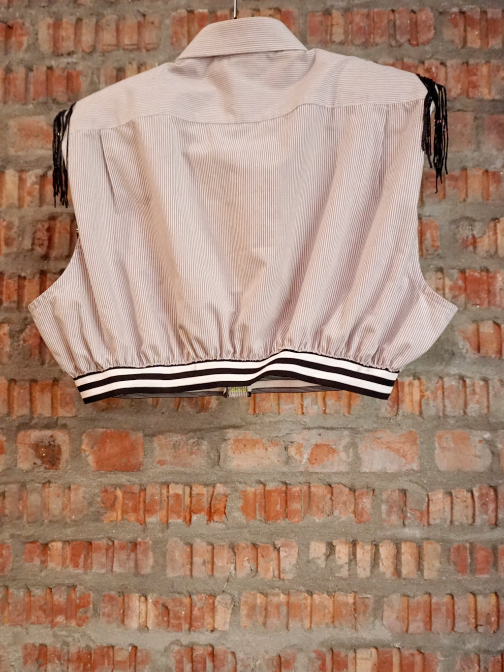 Upcycled Shoulder Tassel Crop Shirt White Striped