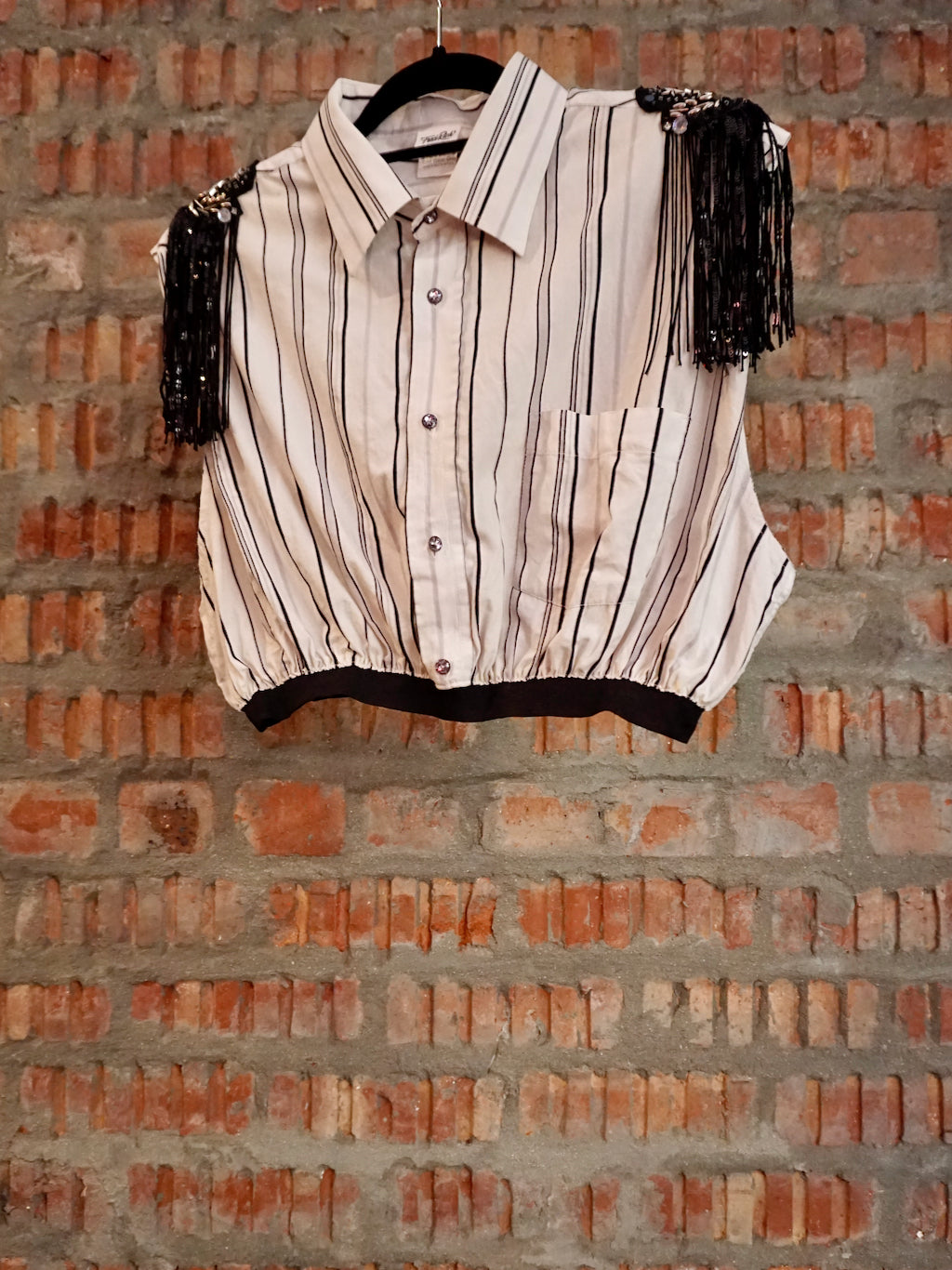 Upcycled Shoulder Tassel Crop Shirt White Black