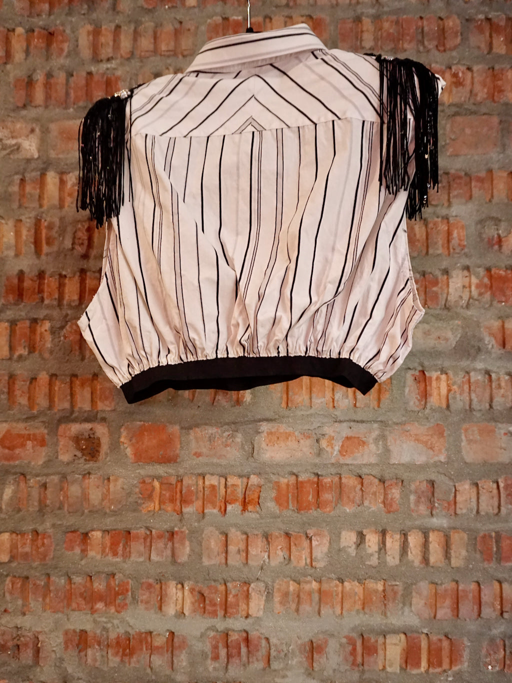 Upcycled Shoulder Tassel Crop Shirt White Black