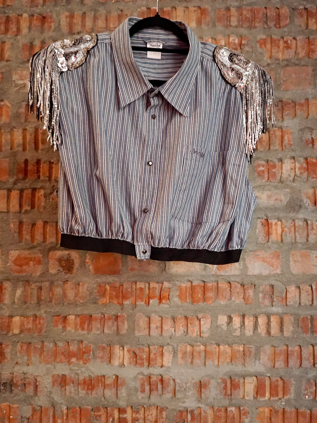 Upcycled Shoulder Tassel Crop Shirt Blue Grey