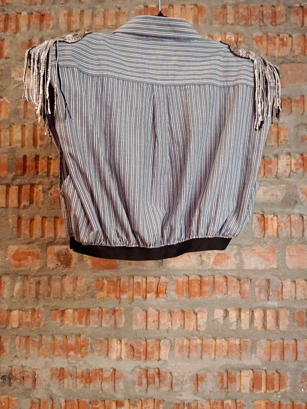 Upcycled Shoulder Tassel Crop Shirt Blue Grey