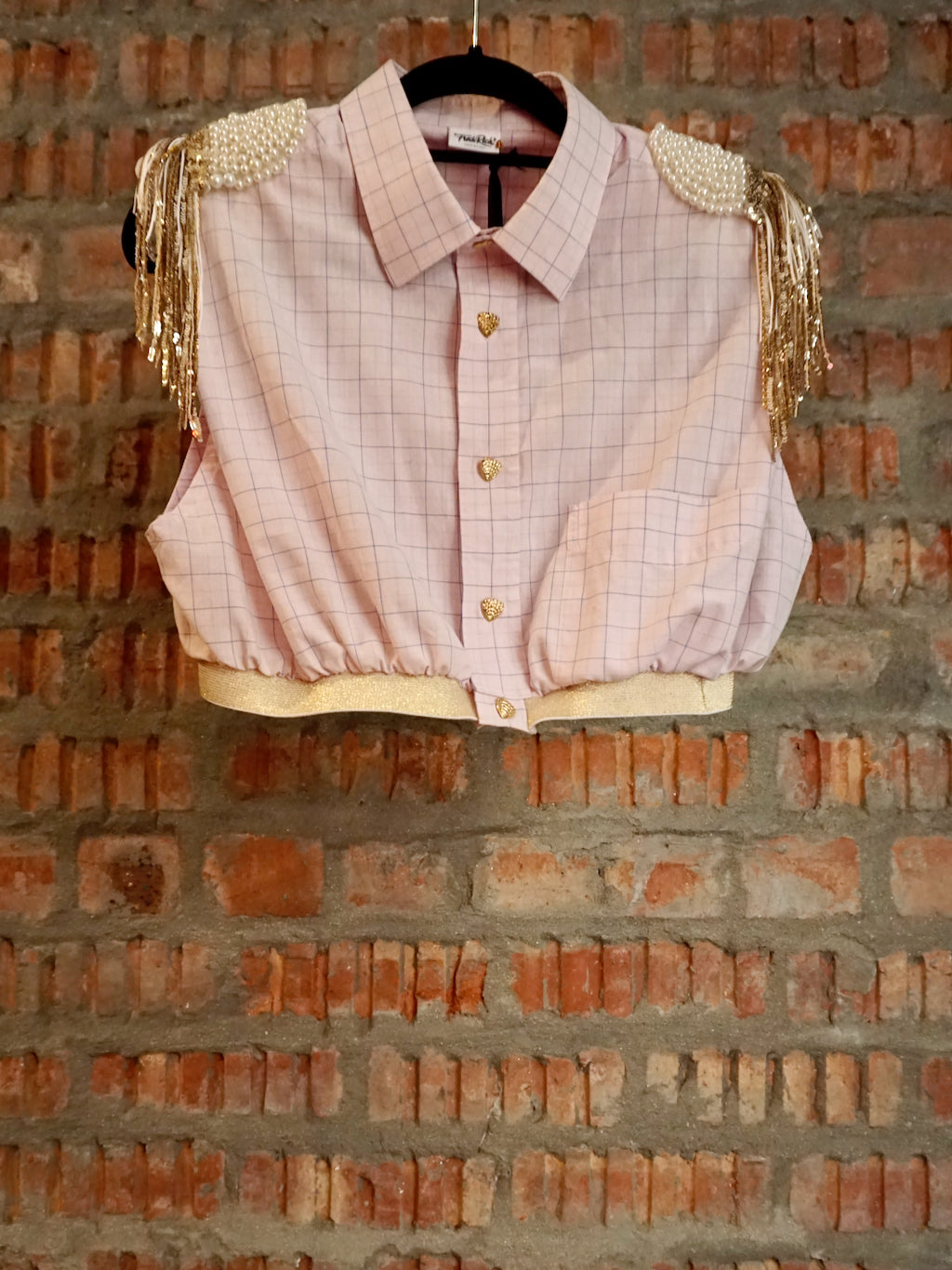 Upcycled Shoulder Tassel Crop Shirt Pink Gold