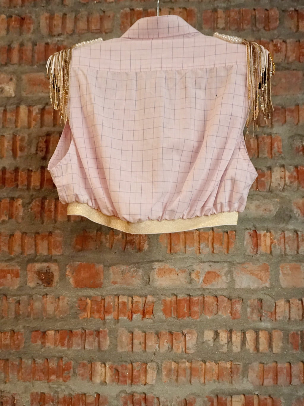 Upcycled Shoulder Tassel Crop Shirt Pink Gold