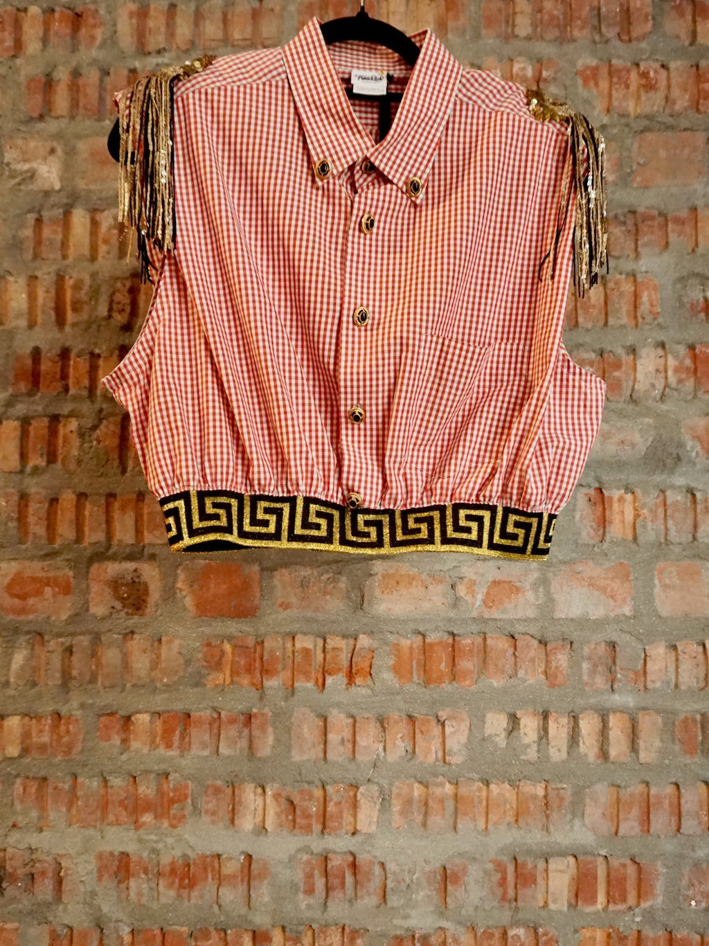 Upcycled Shoulder Tassel Crop Shirt Red Black Gold