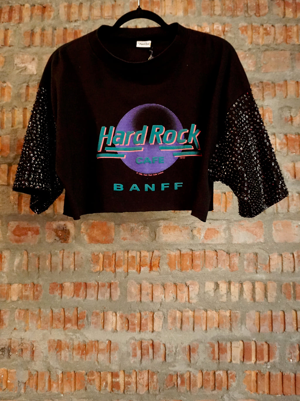 Upcycled Vintage Crop T-Shirt With Sequins Sleeves Hard Rock Cafe Banff