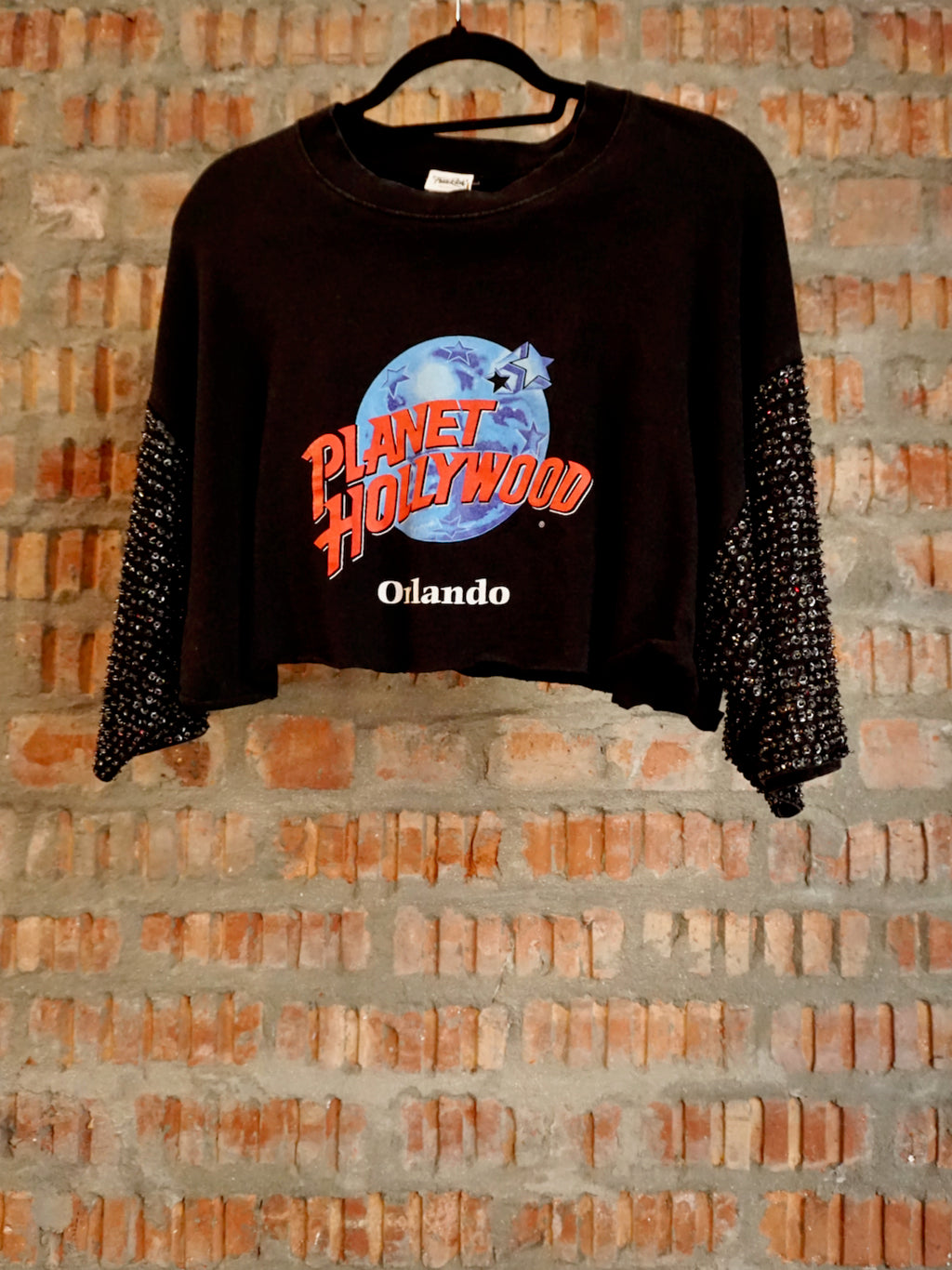 Upcycled Vintage Crop T-Shirt With Sequins Sleeves Planet Hollywood Orlando