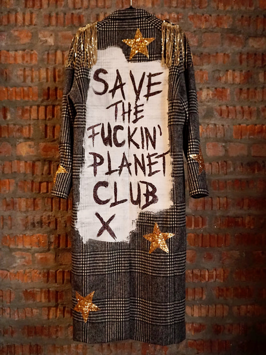 Upcycled Wool Coat - Grey Tartan - Save The Fucking Planet Club