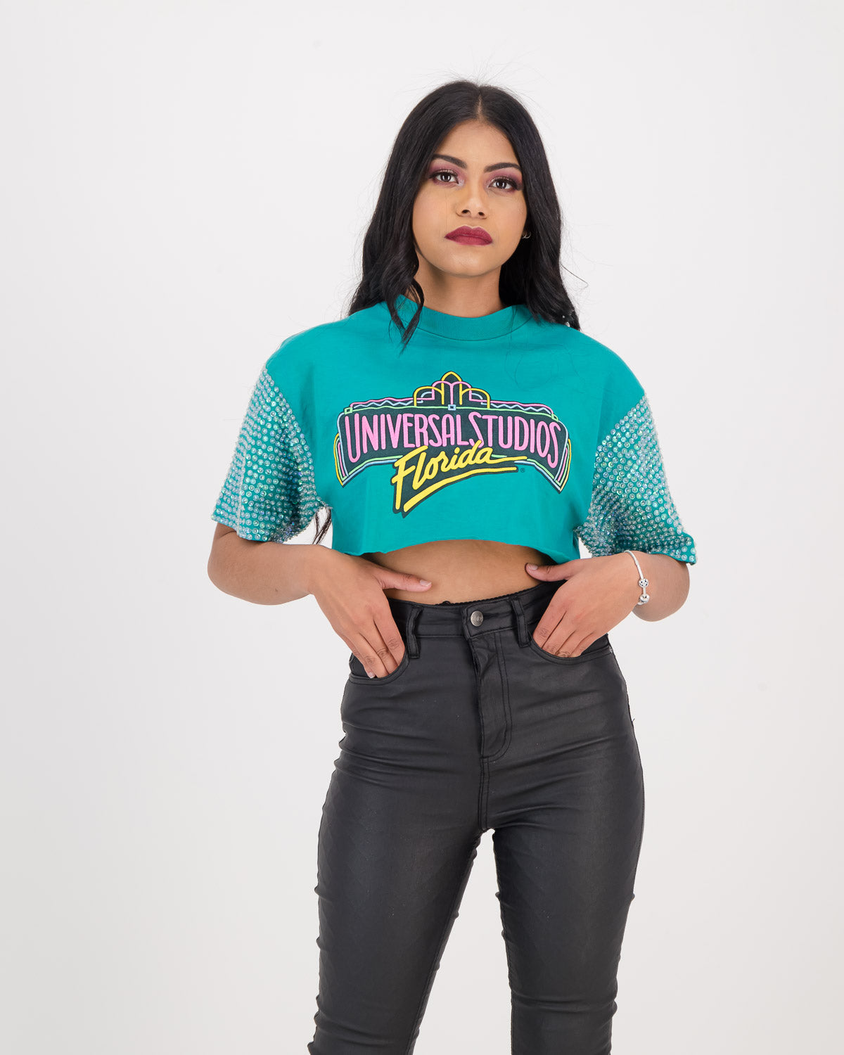 Upcycled Vintage Crop T-Shirt With Sequins Sleeves Hard Rock Cafe