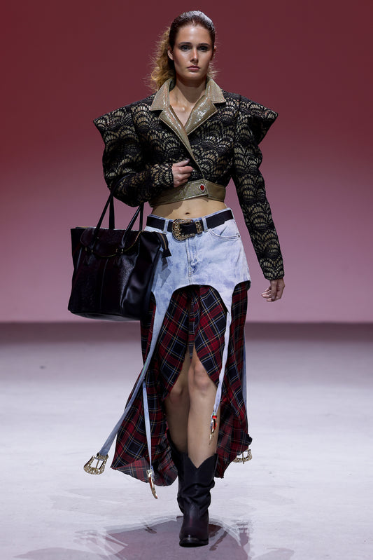 Bold Gold Crochet Jacket & Denim Tartan Skirt - in Collaboration with Kai Barry