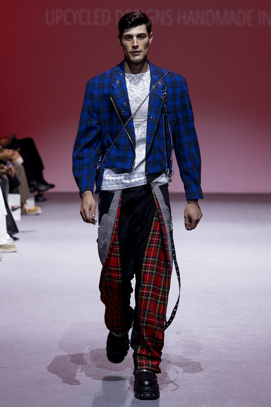Jimi Hendrix Jacket, Lace Top with Zips & Pleated Tartan Pants