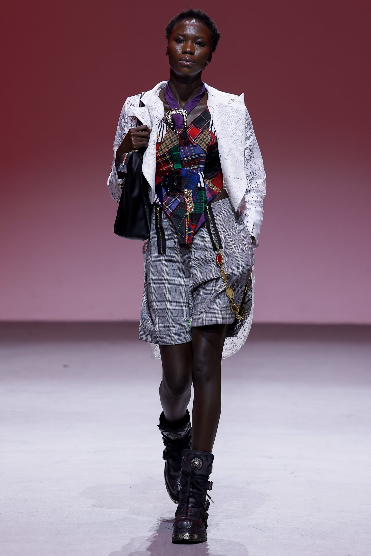 White Lace Tuxedo, Fabric Scraps Corset & Tartan Shorts - in Collaboration with Kai Barry