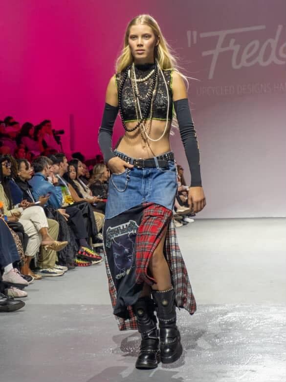 Denim T-Shirt Tartan Skirt with Slit